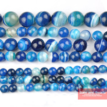Free Shipping Natural Stone Blue Stripe Agata Round Loose Beads 4 6 8 10 12MM Pick Size For Jewelry Making SAB04 2024 - buy cheap