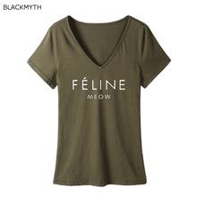 BLACKMYTH  FELINE MEOW T Shirt Women Cotton V-neck Tops Oversize Summer Harajuku Casual Shirts Short Sleeve Letters t-shirt 2024 - buy cheap