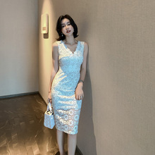 Office Lady Elegant Party Bandage Elegant Pencil Dress Summer High-end White Lace Dresses V Neck Sleeveless Tank Women Sundress 2024 - buy cheap