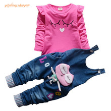 2021New Hot Spring Baby Girls Clothing Set Children Denim overalls jeans pants + Blouse Full Sleeve Twinset Kids Clothes Set 2024 - buy cheap