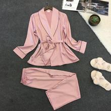 Conjunto de pijama feminino de cetim com lapela, robe para dormir, roupa de dormir, manga longa, para verão, 962 2024 - compre barato