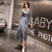 weiyin New Style Tea-length Gray Evening Dresses 2021 Feathers Formal Prom Gowns Bestido de festa Abiye Black Evening Gown 2024 - buy cheap