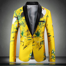 Роскошный мужской блейзер желтого цвета с цветочным принтом, облегающий Мужской Блейзер, одежда для сцены, стильный пиджак с узором для вечерние ринки, свадьбы, 4xl 2024 - купить недорого