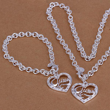 Simple Fashion Silver Plated Heart Pendant Necklace and Bracelet Jewelry Sets for Women Girl Lady Men Party Wedding Love Gift 2024 - buy cheap