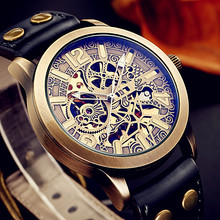 Relógios masculinos retrô de bronze, relógio, caixa de couro, masculino, automático, marca de esqueleto, mecânico 2024 - compre barato