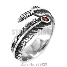 Free shipping! Red Crystal Feather Ring Stainless Steel Jewelry Fashion Vintage Motor Biker Women Ring SWR0339B 2024 - buy cheap
