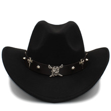 Fashion Women Wool Hollow Western Cowboy Hat Pirate Leather Belt Male Jazz Montana Sombrero Hombre Cap Size 56-58cm 2024 - buy cheap