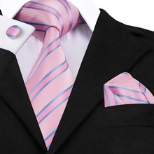 SN-433 Normal Size Pink Stripe Tie Set 8.5cm Width Tie Hanky Cufflinks Set for Handsome Men's Wedding Party 2024 - buy cheap