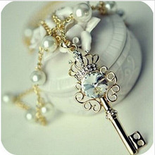 Women's Fashion Crown Key Rhinestone Imitation Pearl Sweater Chain Pendant Women Necklace Jewelry 4ND105 2024 - buy cheap