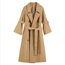 Casaco de trincheira cáqui elegante fino feminino longo outerwear primavera outono manga alargamento blusão casual 2024 - compre barato