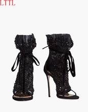 Sandálias de couro femininas, sapatos de tornozelo de couro preto com strass, salto alto extremamente fino, dedo aberto, cadarço com glitter, 2019 2024 - compre barato