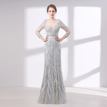 Elegant Silver Evening Dress 2020 Mermaid Long Sleeves Sheer Neck Luxury Beaded Crystal Women Prom Evening Gown Robe De Soiree 2024 - buy cheap
