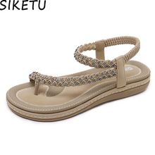 SIKETU Women Bohemia Sandals Ring Toe String Sandals Thick Sole Bottom Soft Summer Beach Shoes Rhinestone Crystal Flat Heels 2024 - buy cheap