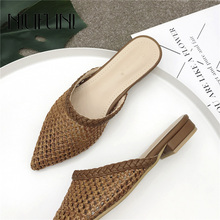 NIUFUNI Summer Design Rattan Woven flat Women's Slippers Casual Beach Shoes Slip-On Fashion Pointed Ladies Sandals Slides Hollow 2024 - buy cheap