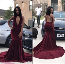 FATAPAESE Sexy African Black Girls Velvet Burgundy Mermaid Prom Dresses 2019 High Neck Backless Women Long Evening Party Gowns 2024 - buy cheap