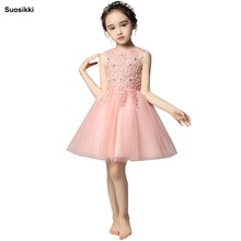 Платья Suosikki с цветочным принтом для девочек, бальное платье с аппликацией из бисера и кристаллами, платье для первого причастия для девочек на заказ 2024 - купить недорого