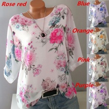 Blusa feminina com estampa floral, camisa casual de chiffon de meia manga com rosas brancas, camisa solta retrô, blusas retrô de verão plus size 2024 - compre barato