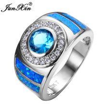 Junxin nova promoção anel masculino e feminino redondo opala azul, joia com preenchimento de ouro branco, joia de promessa anéis de noivado presente rp0001 2024 - compre barato
