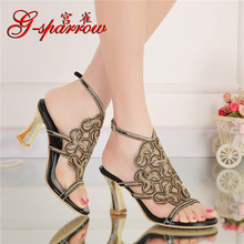 G-sparrow 2018 Summer New Rhinestone Sandals Diamonds Thick High Heel Women's Bohemian Fashion Shoes Large Size Black 2024 - buy cheap