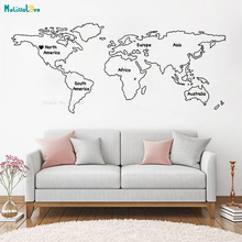 Outlined World Map Decal with Continents Vinyl Wall Sticker Decals Home Decoration Living Room Removable Art Murals YT1103 2024 - buy cheap