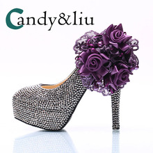 Large Size Black Crystal Wedding Shoes Purple Flower Super High Heel Pumps for Bridal Wtih Platform for Evening Bride Dress 2024 - buy cheap