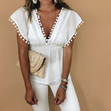 Fashion Women Summer Sexy T-shirt Casual Ladies Sleeveless White Tees Tops Lace New 2019 Tassel Ball Deep V-neck T Shirt Tops 2024 - buy cheap