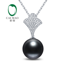 14k White Gold 11mm Round  Black Pearl Engagement Diamond Pendant Free shipping for Christmas 2024 - buy cheap