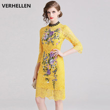 VERHELLEN High Quality Fashion Designer Runway Dress 2020 Summer Autumn Women's 3/4 Sleeve Lace Flower Embroidery Bodycon Dress 2024 - buy cheap