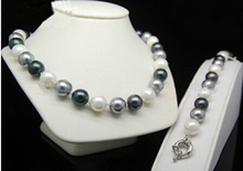 Conjunto de joias gancho prata> miçangas redondas 3 cores 12mm preto cinza branco concha de pérola pulseira colar 18 "conjunto estilo aaa 2024 - compre barato