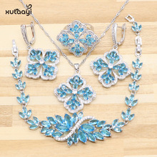 Xutaayi 4 pçs qualidade superior prata conjuntos de jóias azul criado sapphire super casamento colar/anéis/brincos/pulseira 2024 - compre barato