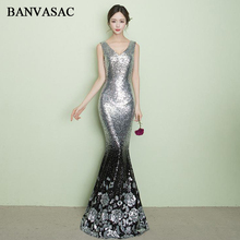 BANVASAC Elegant V Neck Sequined Mermaid Long Evening Dresses Party Flowers Pattern Tank Backless Prom Gowns 2024 - buy cheap