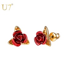 U7 Cute Red Rose Metal Flowers Stud Earring For Women Lady Romantic Gift Brincos Wedding Earrings Party Jewelry bijoux E1014 2024 - buy cheap