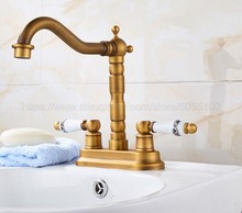 Antique Brass Double Handle Bathroom Wash Basin Mixer Taps / 2 Hole Deck Mounted Swivel Spout Vessel Sink Faucets znf425 2024 - buy cheap