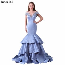 JaneVini Sexy Mermaid Beaded Long Bridesmaid Dresses for Women Off the Shoulder Sheer Back Satin Formal Prom Gowns Sweep Train 2024 - buy cheap