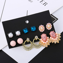 6Pcs/Set 2019 Fashion Pink Rhinestone Marble Earrings Set For Women Trendy Crystal White Pearl Stud Earring Girls Jewelry Gifts 2024 - buy cheap