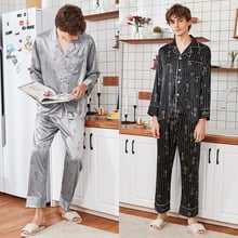 Men's Homewear New Long Sleeved Nightgown Ice Thin Silk Satin Leisure Household Clothes Students Suit Set Youth Sleepwear J065 2024 - buy cheap