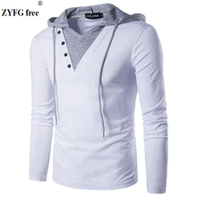Men's Hooded t shirt 2018 spring casual Sling Tees V-neck Male Fake two pieces Slim Male Long-Sleeved T-Shirts Tops EU/US size 2024 - buy cheap
