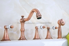 Chuveiro de cobre vermelho antigo, 5 peças, torneira para banheira, com 5 furos, três alças de cerâmica, ntf213 2024 - compre barato