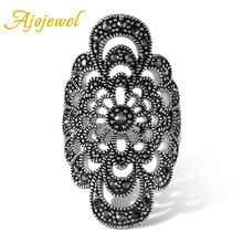 Ajojewel  Hollow Out Crystal Rhinestone Flower Big Black Women Ring Vintage Jewelry 2024 - buy cheap