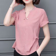 Women Spring Summer Style Chiffon Blouses Shirts Lady Casual Short Sleeve Striped Blusas Tops Blue Pink Black DF2667 2024 - buy cheap