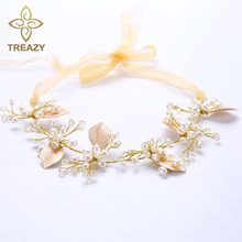 Trezy Charm-Diadema de hojas de Color dorado con perlas de imitación, accesorios para el cabello de boda, diadema nupcial hecha a mano 2024 - compra barato