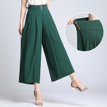 2019 Korean Summer Spring Womens Wide Leg Elastic High Waisted Green Black Loose Linen Pants , Ankle Length Trousers For Women 2024 - buy cheap