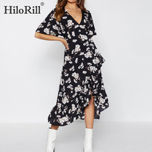 HiloRill 2021 Summer Dress Women Floral Print Ruffles Long Dress Boho Style Beach Sundress Short Sleeve Wrapped Maxi Party Dress 2024 - buy cheap