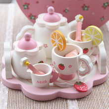 Wooden simulation round tea set wooden strawberry pattern afternoon tea toys children early education simulation kitchen toys 2024 - buy cheap