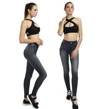 Large size high waist casual imitation denim leggings print hip elastic high waist leggings wear thin section pencil pants 2024 - buy cheap