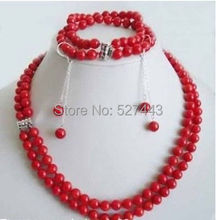 Wholesale   >>set 2 rows 7-8mm red coral necklace bracelet earring AA1234 2024 - buy cheap