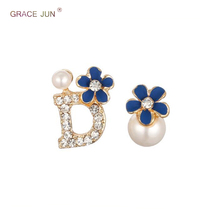 GRACE JUN Rhinestone Simulated Pearl Enamel Daisy Flower Letter "D" Clip on Earrings Non Piercing for Women Luxury Jewelry Gift 2024 - buy cheap