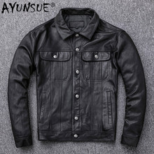 Ayunsuit-chaqueta de Cuero Genuino para hombre, abrigo corto de piel auténtica para motocicleta, primavera y otoño, 100% 2024 - compra barato