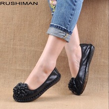 RUSHIMAN New national style comfortable Genuine Leather flat shoes Hand-sewn cowhide Loafers Female Casual Shoes Women Flats 2024 - buy cheap