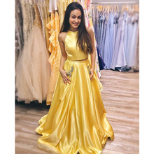 New 2 Piece Prom Dresses 2019 with Crystal Beaded Pockets A Line Yellow Long Homecoming Dress For Graduation Vestido De Festa 2024 - buy cheap